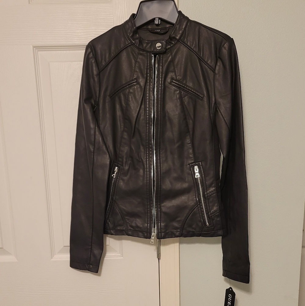 Guess black vegan leather jacket XS